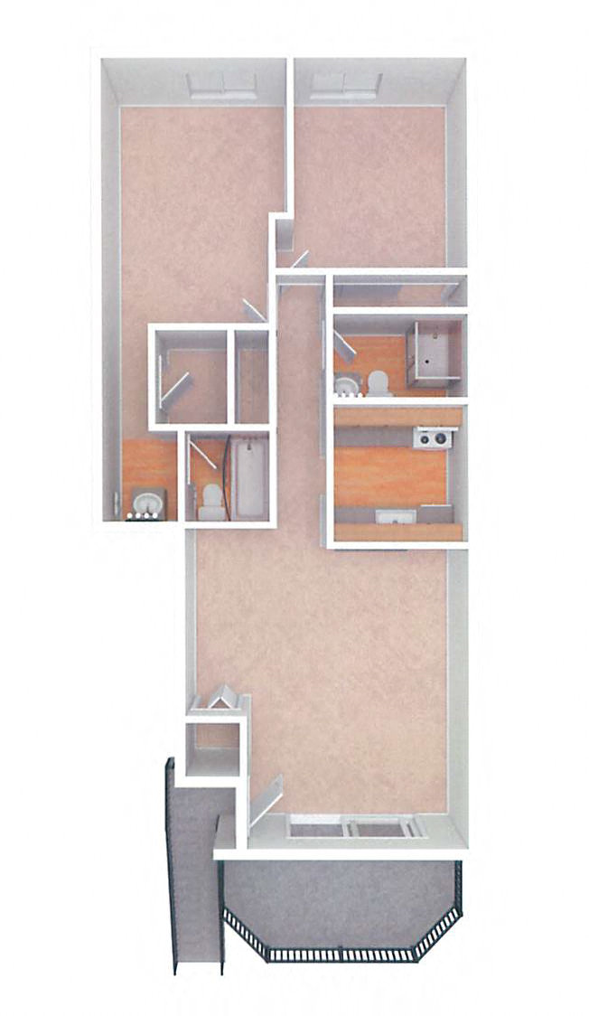 Floor plan for 2 beds, 2 baths, 943 sqft